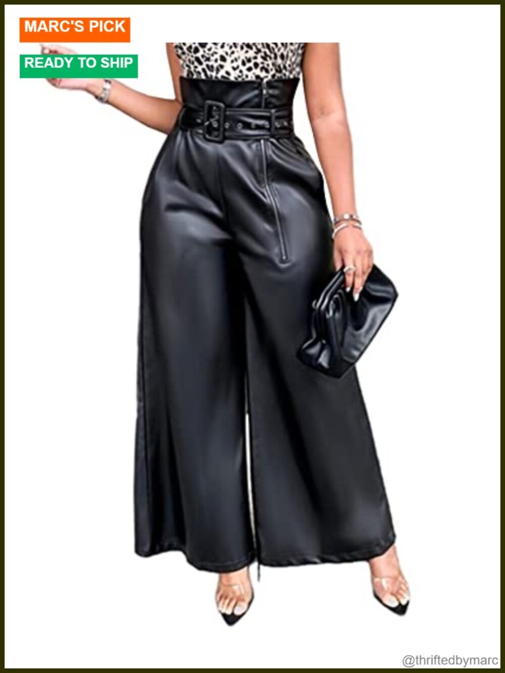 Faux Leather High Waisted Wide Leg Pants with Belt